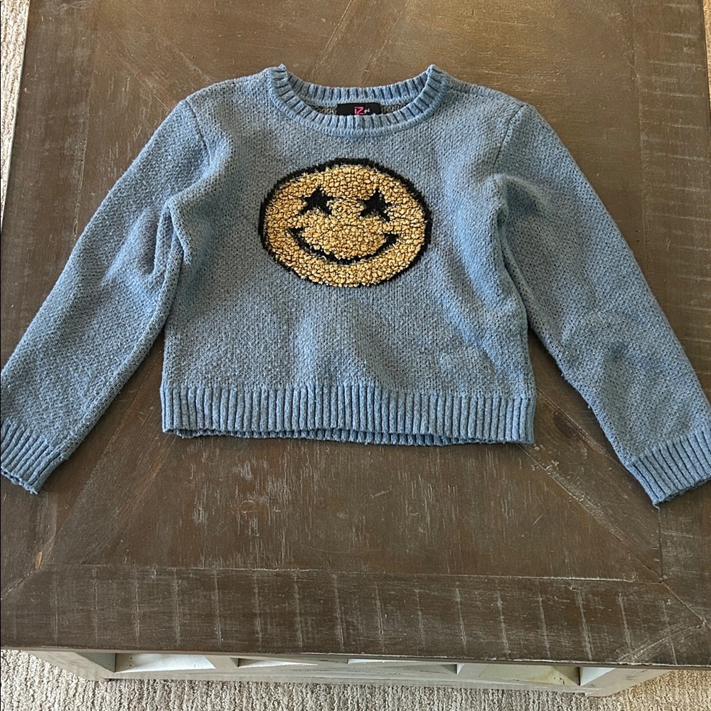 Iz Byer Blue Sweater with Gold Smiley Face